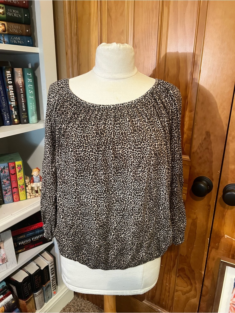 Michael Kors Leopard Print Peasant Top - Black & Cream